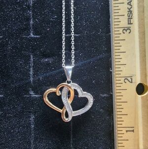 Vintage Sterling Silver/10k Gold/Dimaond Double Heart Pendant& Necklace Tested+